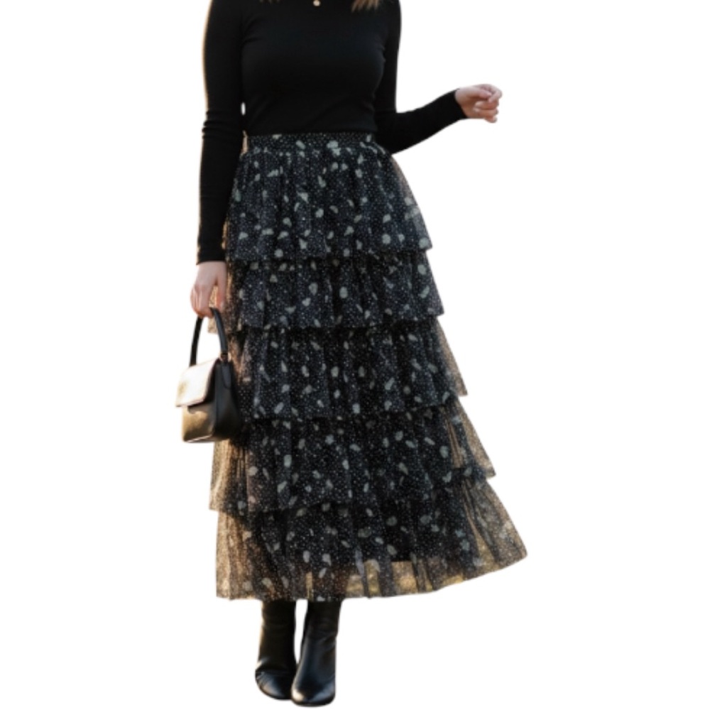 CATO Black Green Silver Floral Tiered Tulle Mesh Skirt NEW WITH TAGS - Medium